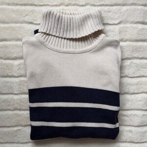 JEANNE PIERRE Cream and Navy Striped Turtleneck Sweater 100% Cotton